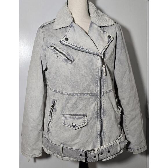 Levi's Jacket Gray Acid Washed Denim Belted Sherpa Moto Punk Streetwear Women M - Picture 1 of 8